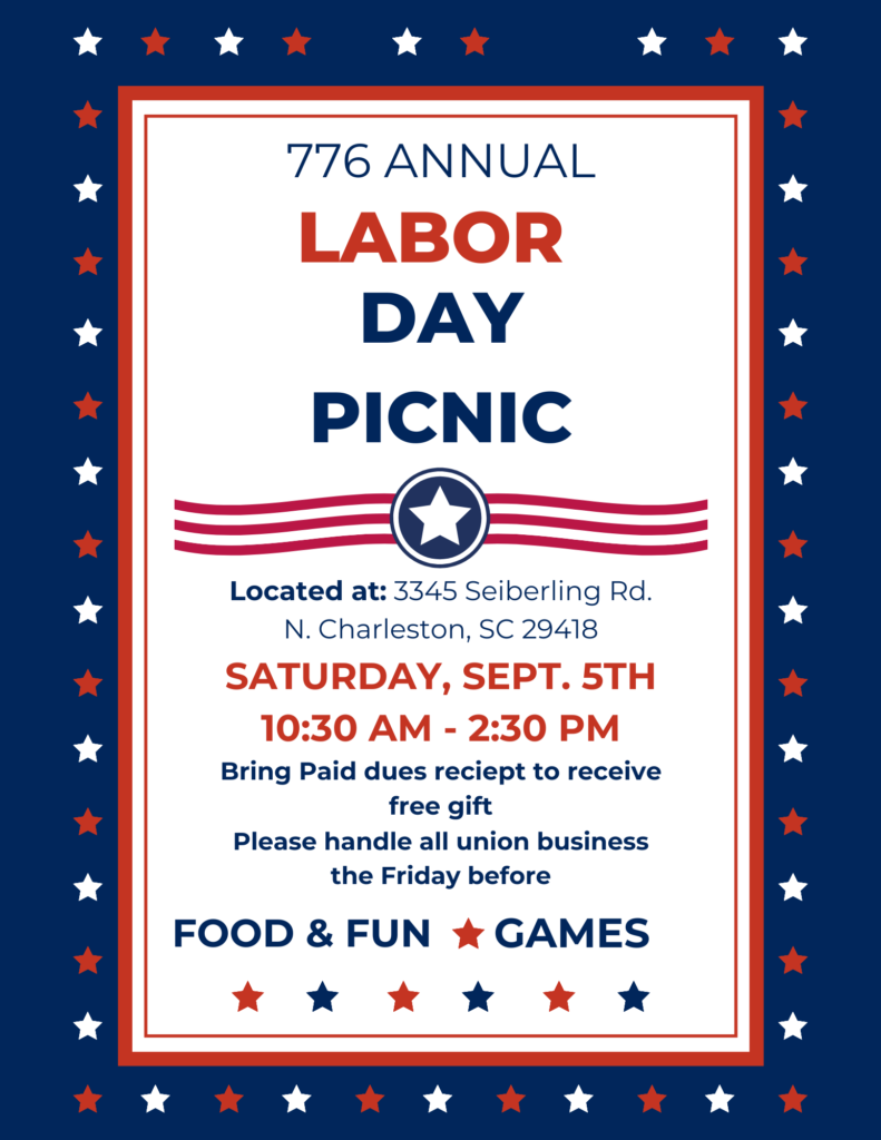 A Labor Day picnic flyer with a navy border and red-and-white stars, featuring a white center panel with event details and a date, time, address, food, and games.