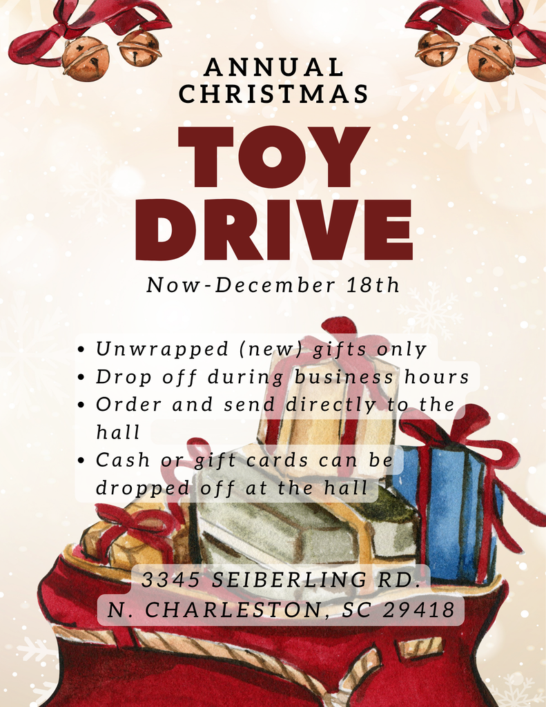 A Christmas toy drive flyer with wrapped gifts, hanging bells, and snowflake accents, featuring the text “Annual Christmas Toy Drive” and the location 3345 Seiberling Rd., N. Charleston, SC 29418.